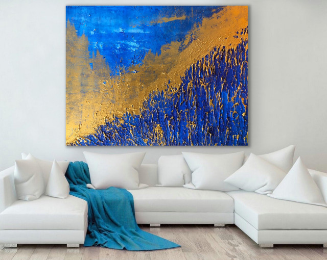 60x48" Crown- Blue and Gold Contemporary Art Large Modern Painting MADE TO ORDER