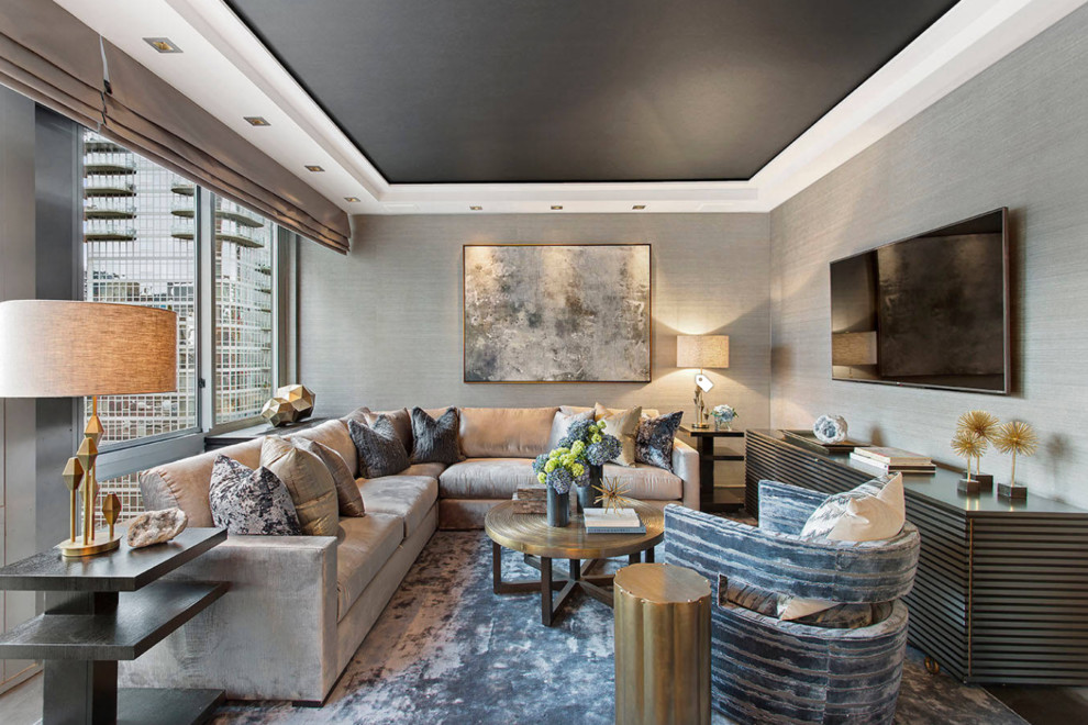 Mid-sized contemporary enclosed family room in New York with grey walls, no fireplace and a wall-mounted tv.