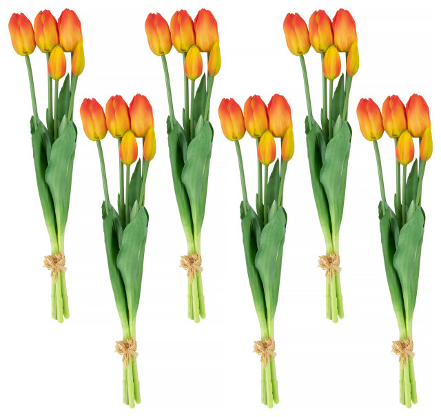 Set of 6 Red and Yellow Tulip Artificial Floral Bundles 18" Modern Artificial Flower