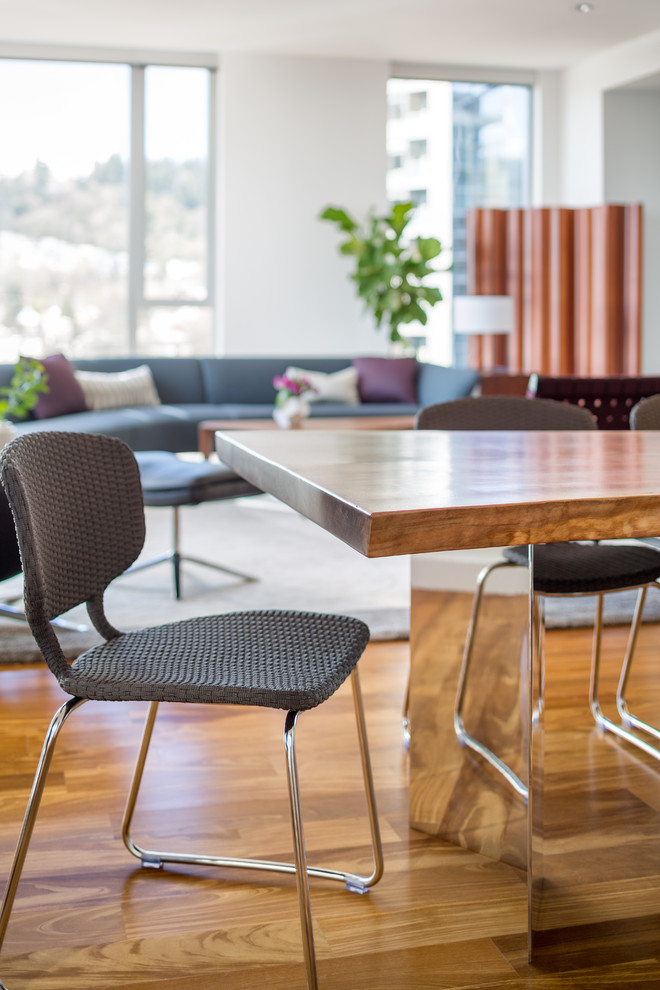Inspiration for a modern medium tone wood floor dining room remodel in Portland with white walls