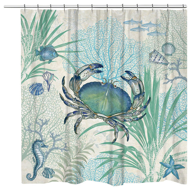 Laural Home Blue Crab Shower Curtain 71 X74 Beach Style Laural Home Blue Crab Shower Curtain