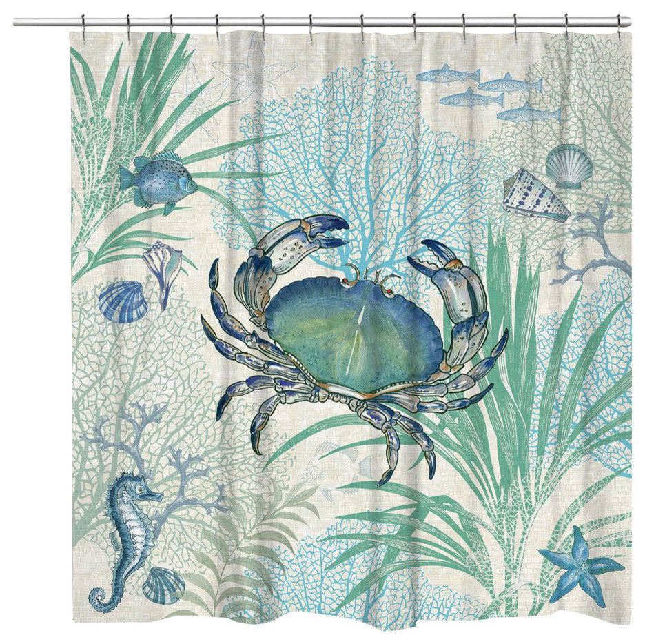 Laural Home Blue Crab Shower Curtain, 71"x74" Beach Style Shower