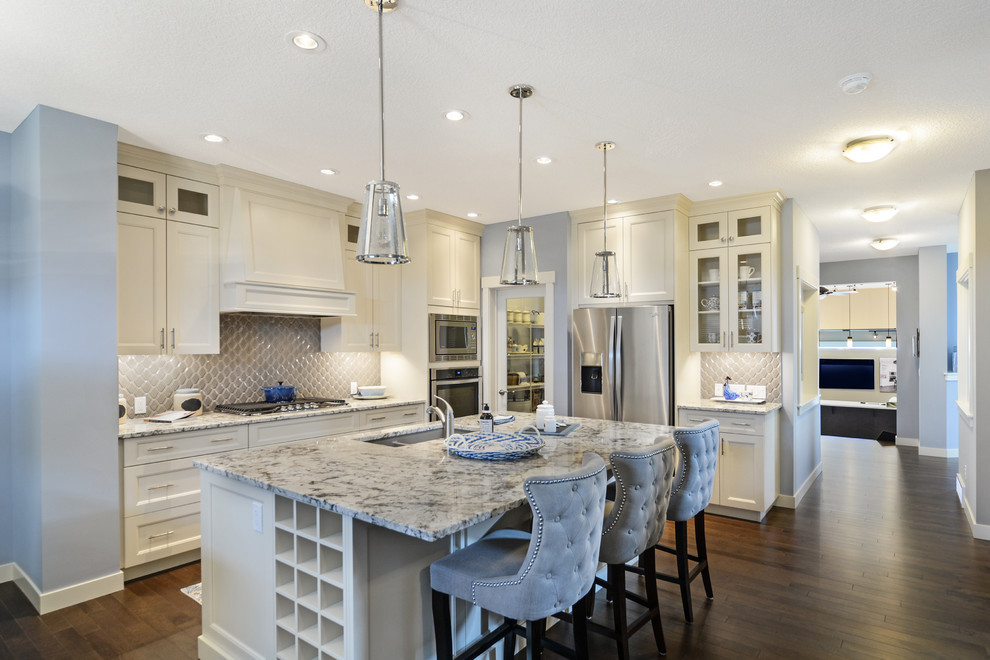 Inspiration for a transitional kitchen remodel in Calgary with gray backsplash and glass tile backsplash