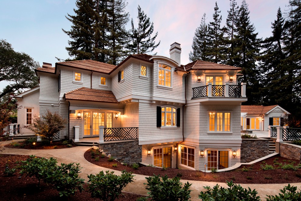 Design ideas for a large traditional three-storey white exterior in San Francisco with wood siding and a gable roof.