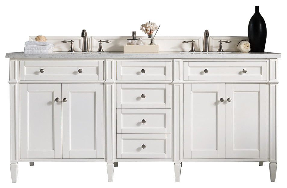Brittany 72" Bright White Double Vanity w/ 3 CM Carrara Marble Top