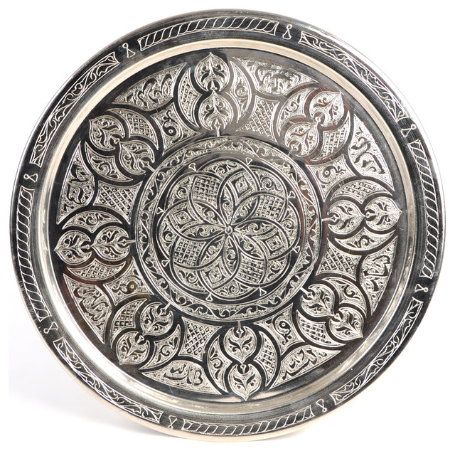 Hand Engraved 19" Moroccan Silver Plated Brass Tray Mediterranean