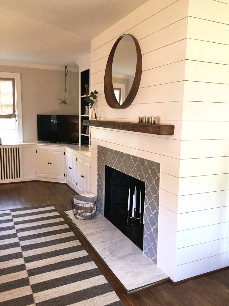 Inspiration for a mid-sized transitional open concept dark wood floor family room remodel in Richmond with white walls, a standard fireplace, a tile fireplace and a tv stand