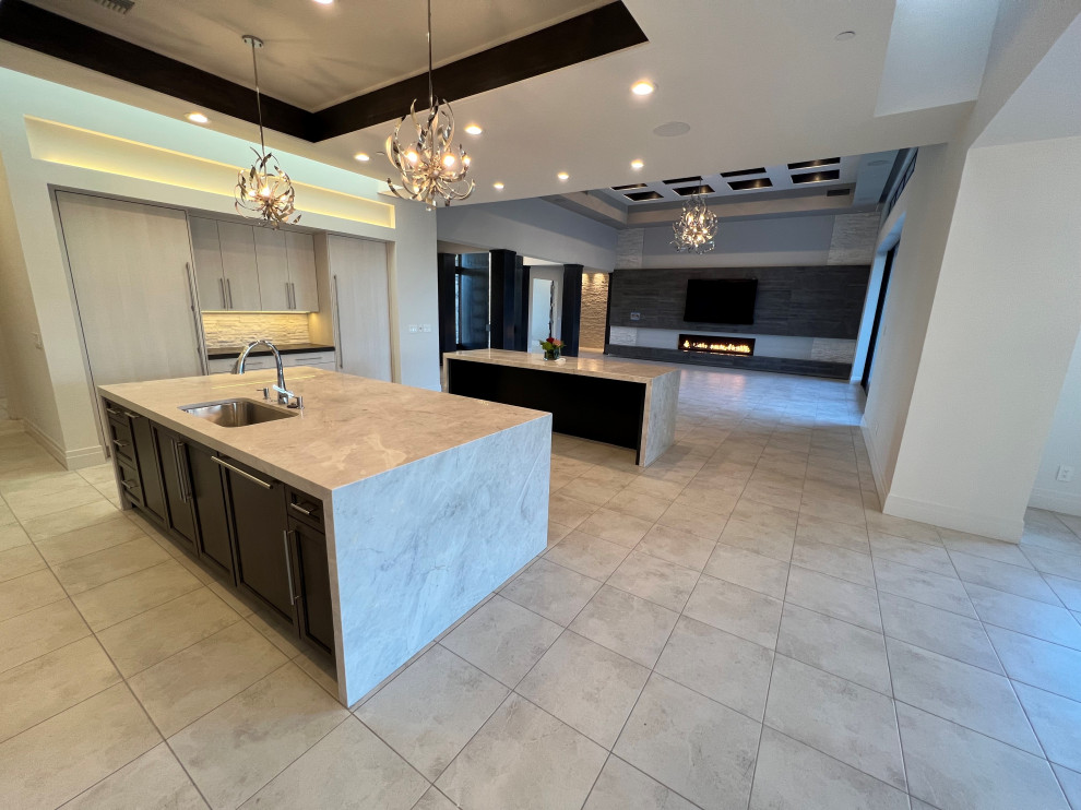 Expansive contemporary open plan kitchen in Phoenix with multiple islands.