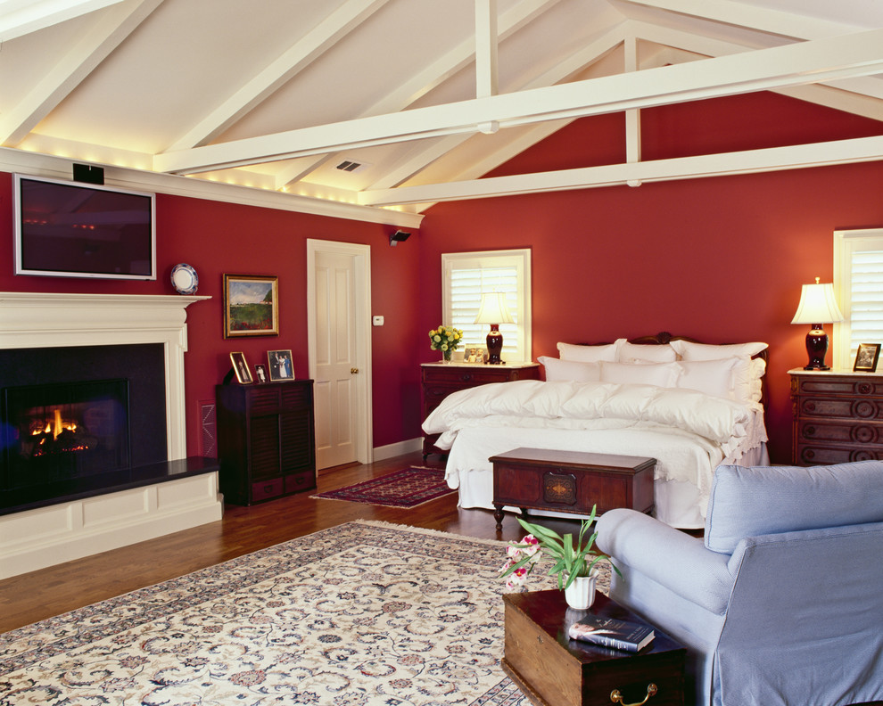 Design ideas for a traditional bedroom in San Francisco with red walls.
