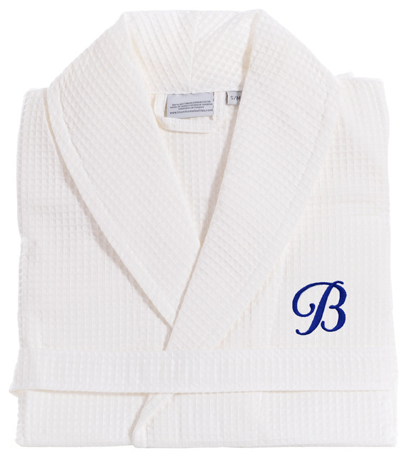 White Unisex Waffle Weave Monogram Bathrobe With Navy Font, Small