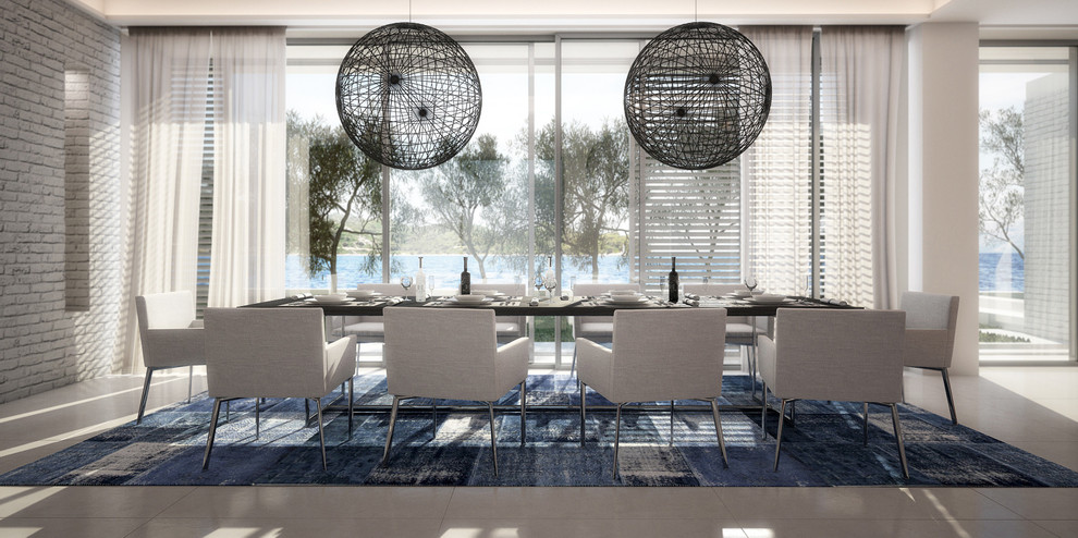 Design ideas for a large modern dining room in Miami with white walls and marble floors.