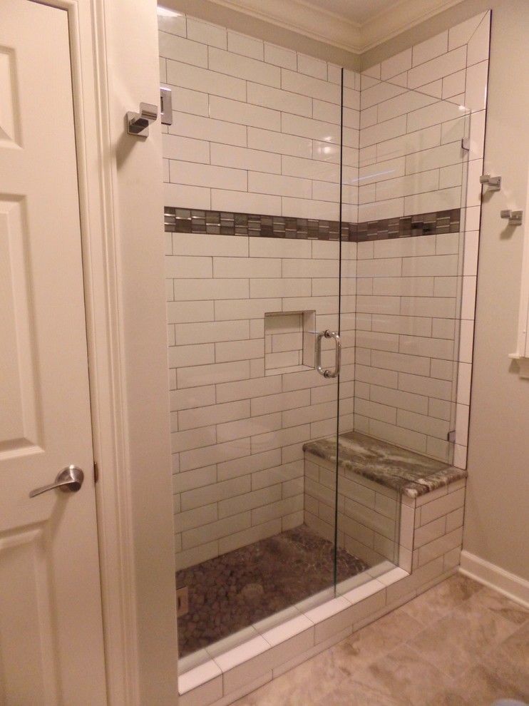 Inspiration for a mid-sized transitional kids' white tile and ceramic tile porcelain tile and gray floor home design remodel with shaker cabinets, green cabinets, a two-piece toilet, gray walls, an undermount sink, marble countertops and a hinged shower door