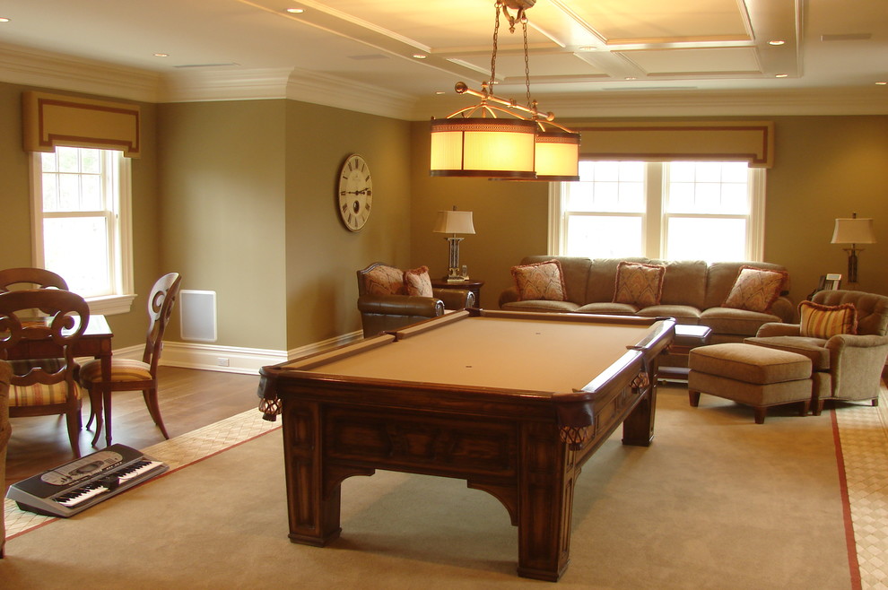 Elegant enclosed game room photo in Other with no fireplace and a media wall