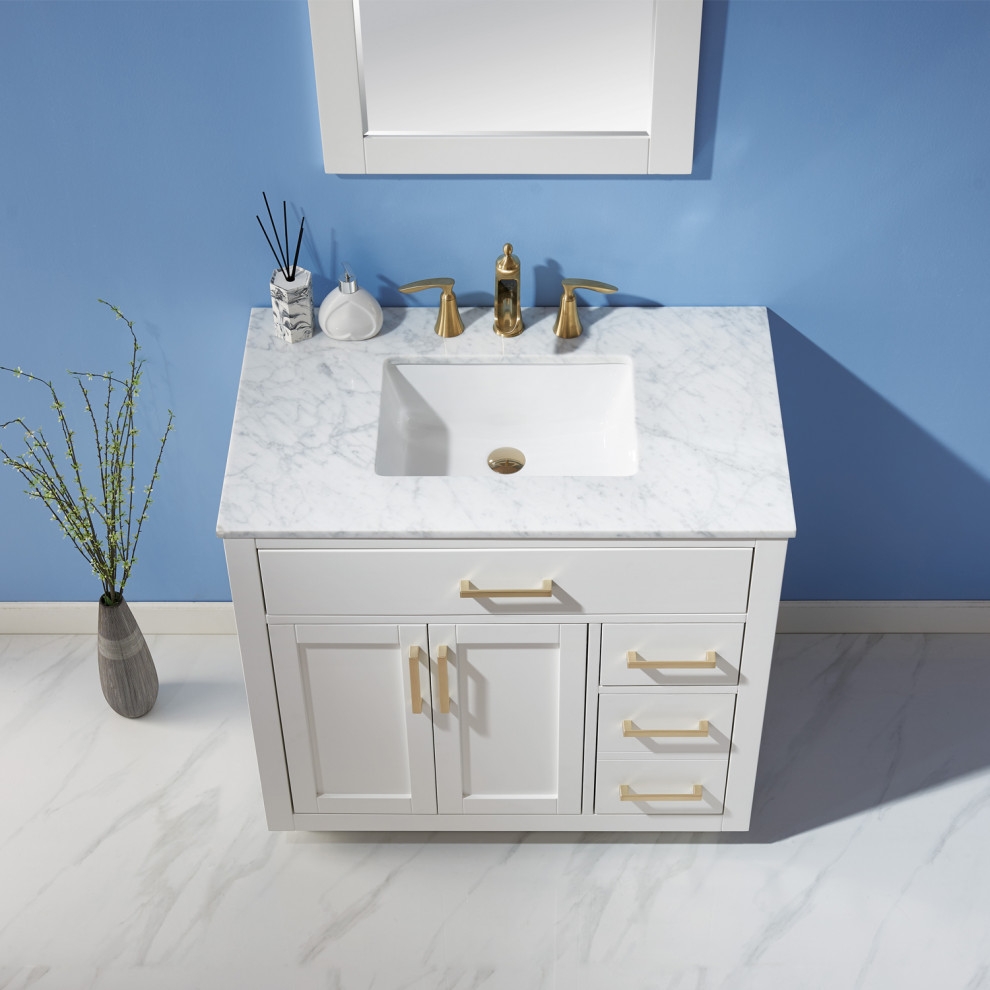 Ispirazione per una piccola stanza da bagno contemporanea con top in marmo, un lavabo e mobile bagno freestanding