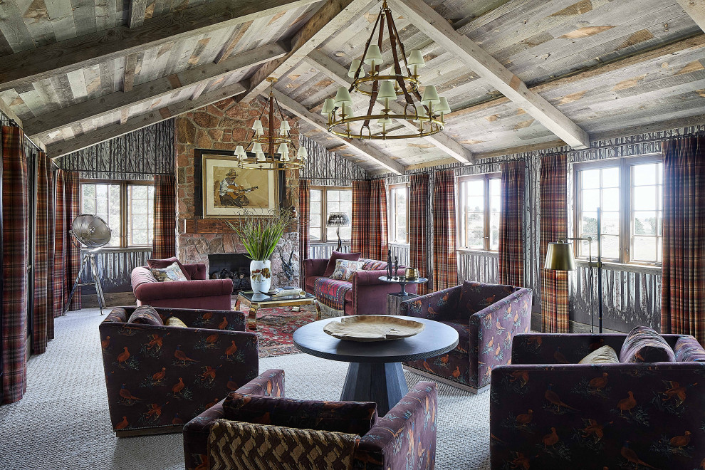 Inspiration for a rustic formal enclosed living room in Other with carpet, a standard fireplace, a brick fireplace surround, grey floors, a vaulted ceiling, wallpapered walls, multi-coloured walls and no tv.