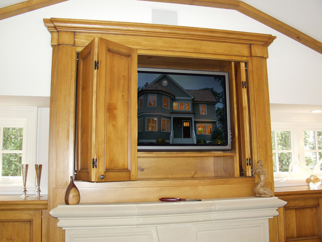 fireplace & tv cabinet w pocket doors - traditional - family room