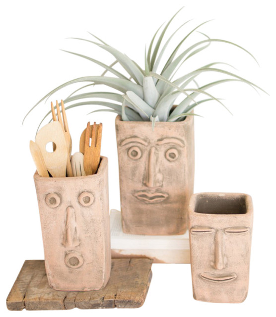 Natural Square Clay Face Pots 3Piece Set Modern Sculpture Vase