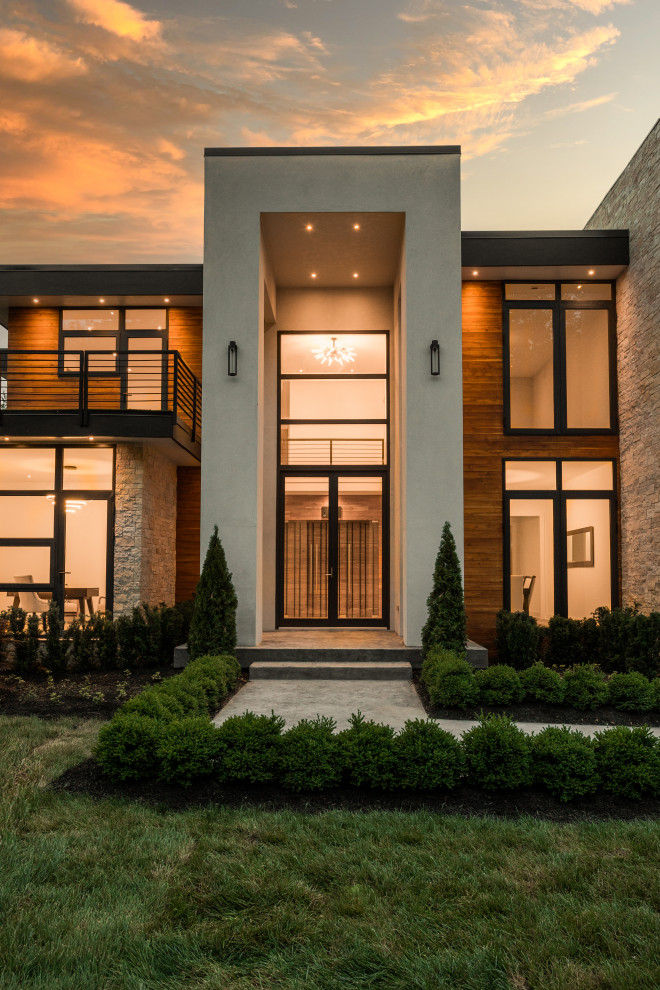 Geräumiges, Dreistöckiges Modernes Einfamilienhaus mit Steinfassade, bunter Fassadenfarbe, Flachdach und weißem Dach in Indianapolis