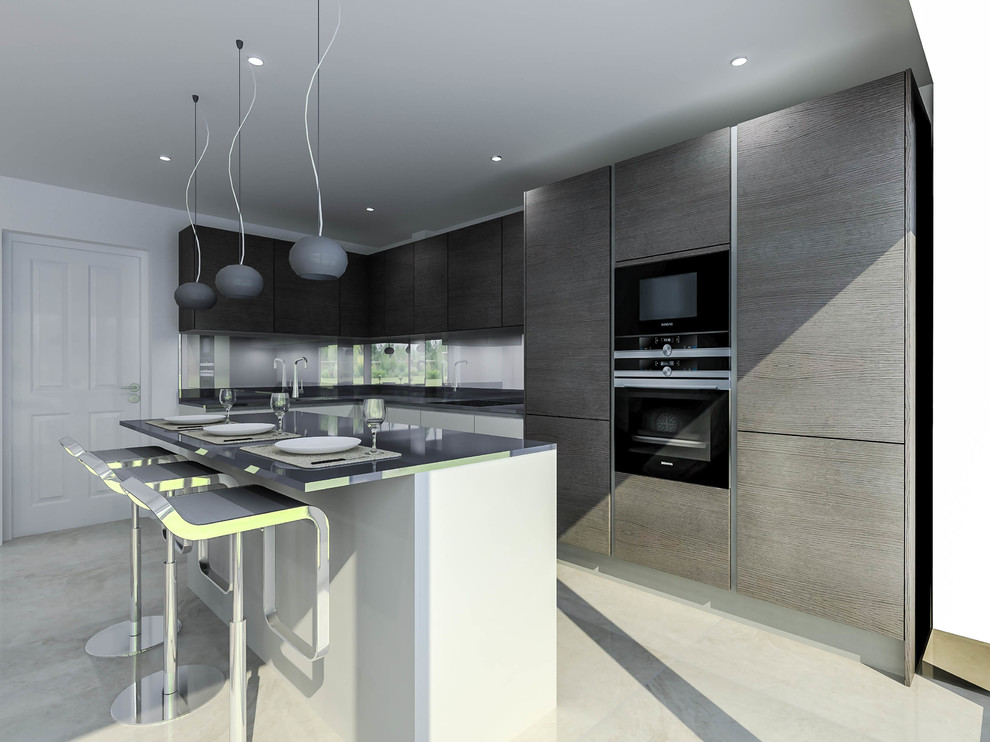 This is an example of a mid-sized modern l-shaped eat-in kitchen in Hertfordshire with a single-bowl sink, flat-panel cabinets, dark wood cabinets, quartzite benchtops, blue splashback, glass sheet splashback, black appliances and with island.