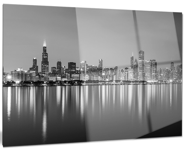 Chicago Skyline At Night Black And White Metal Wall Art 28x12