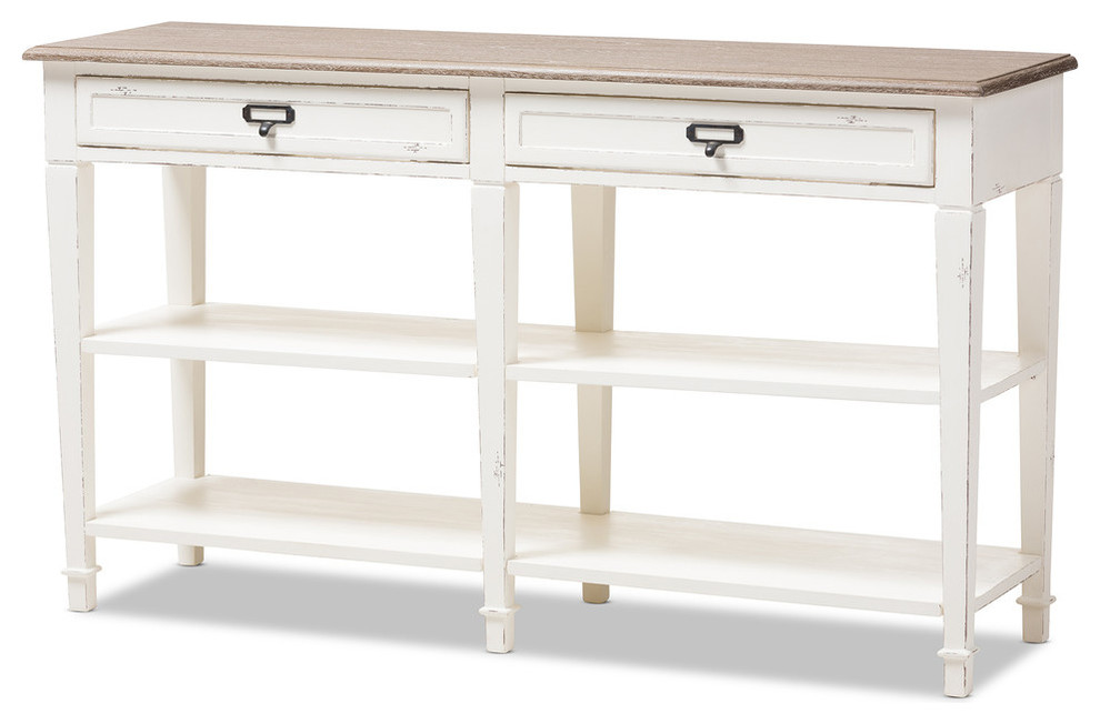 Dauphine Provincial Weathered Oak and White Distressed Finish Wood Console Table