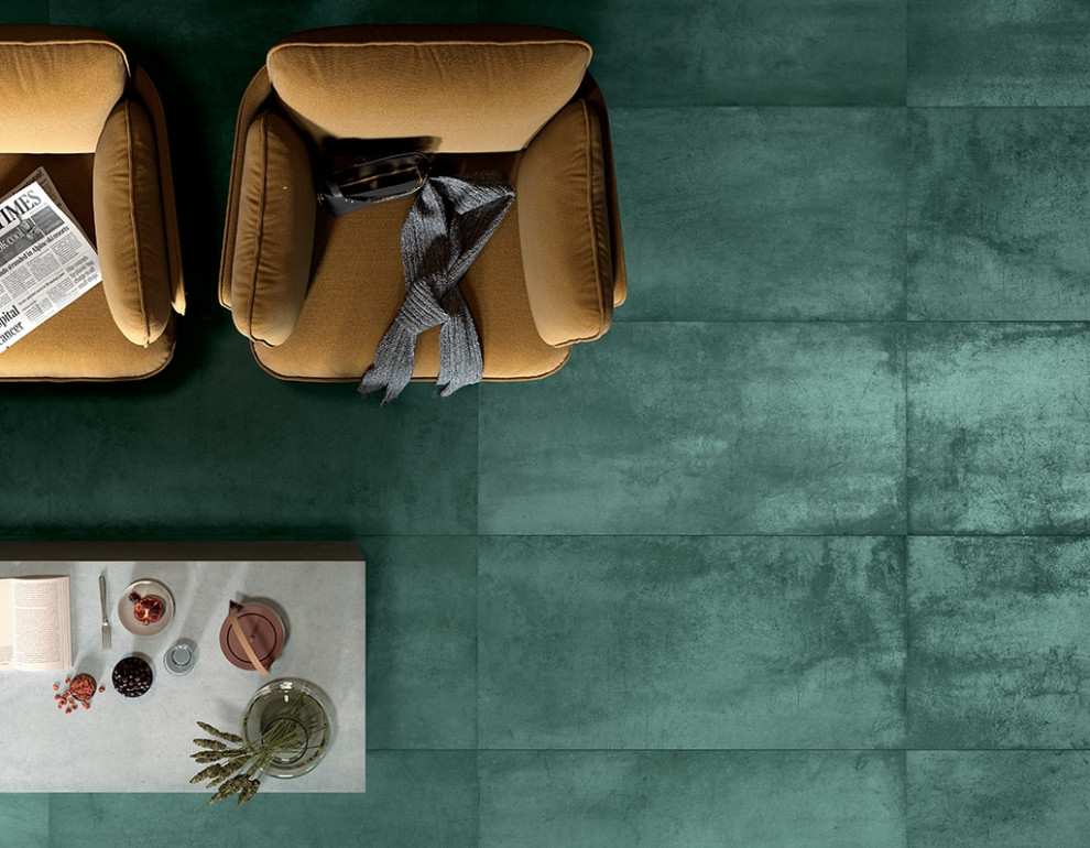Imagen de salón contemporáneo con suelo de baldosas de porcelana y suelo verde