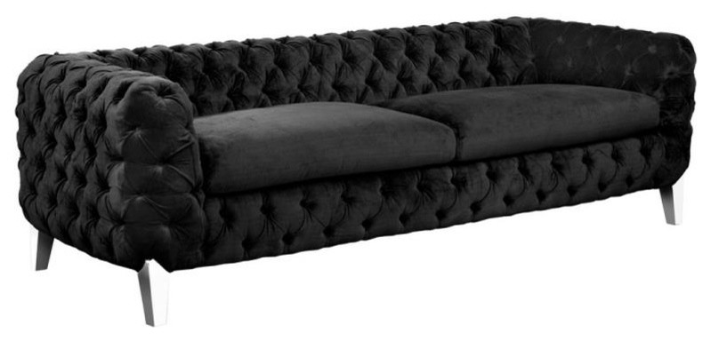 Luxurious Deeply Tufted Sofa, Velvet Fabric, Bella Black