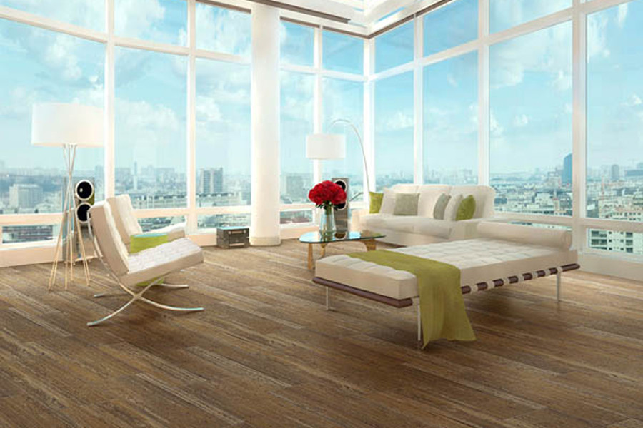 Example of a large minimalist open concept vinyl floor living room design in Indianapolis with no fireplace and no tv
