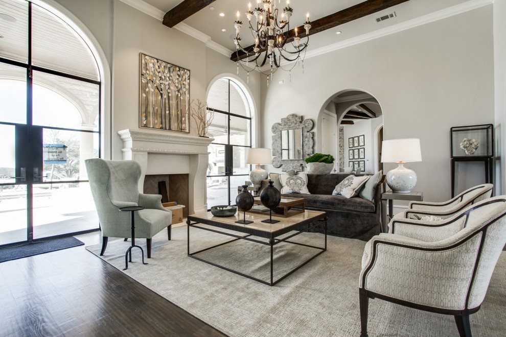 Living room - large transitional formal and open concept dark wood floor and brown floor living room idea in Dallas with beige walls, a standard fireplace, a stone fireplace and no tv