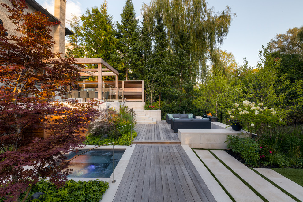 Mid-sized trendy backyard patio photo in Toronto with decking and a pergola