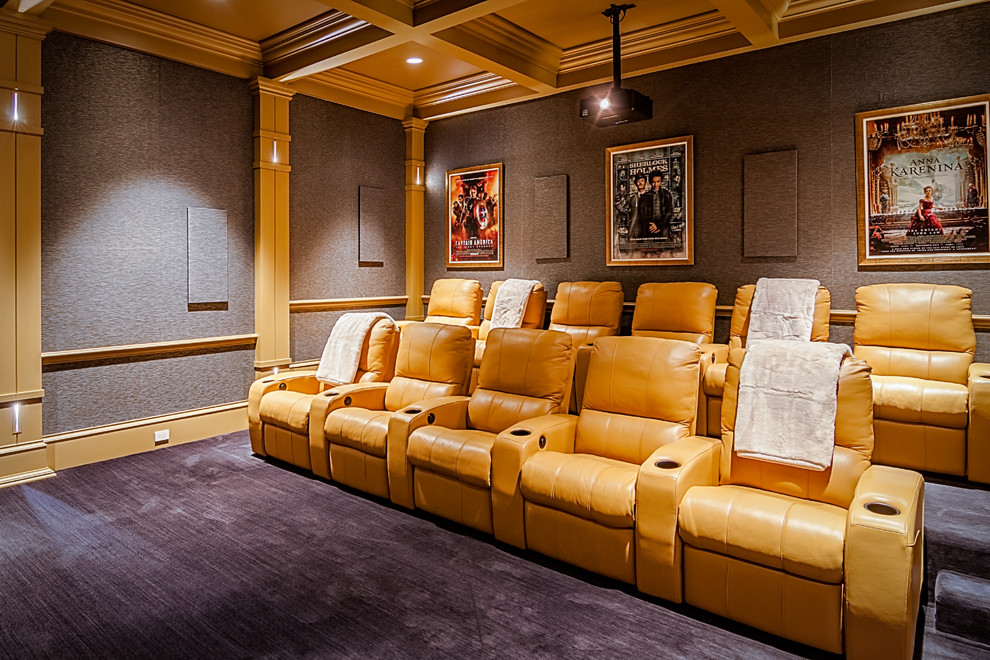 Inspiration for a large transitional enclosed home theatre in Atlanta with grey walls, carpet, a projector screen and brown floor.