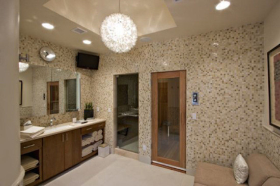 Example of a transitional brown tile home design design in Phoenix with a vessel sink, raised-panel cabinets, medium tone wood cabinets and white walls