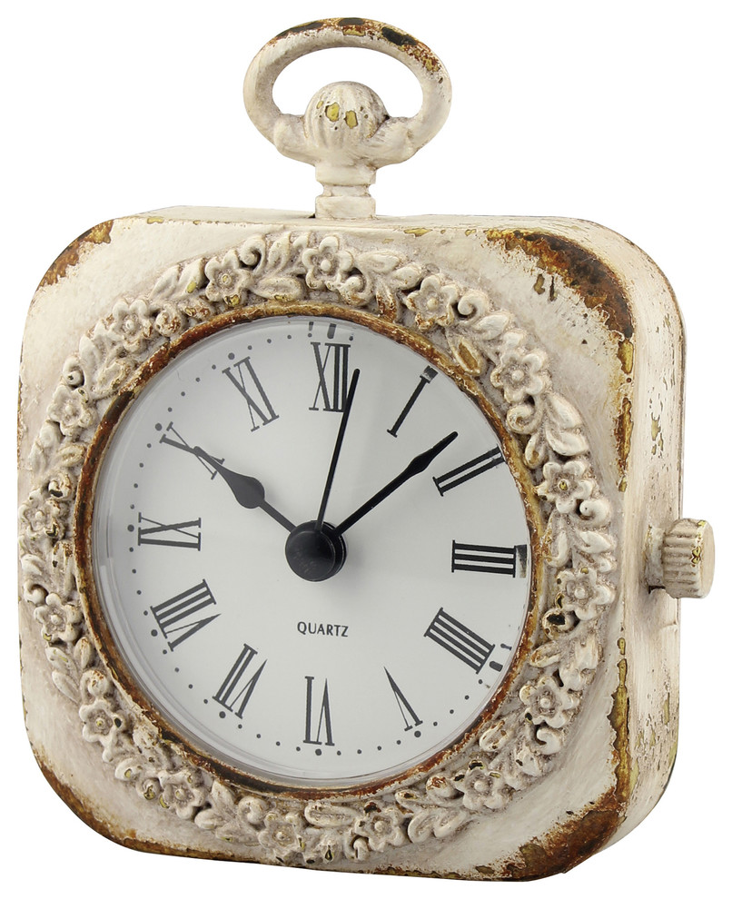 Small Weathered White Tabletop Clock Farmhouse Desk And Mantel Clocks by Stonebriar