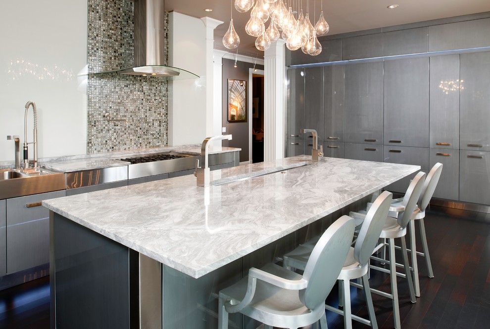 Mid-sized contemporary galley eat-in kitchen in Other with an undermount sink, flat-panel cabinets, grey cabinets, marble benchtops, multi-coloured splashback, mosaic tile splashback, stainless steel appliances, dark hardwood floors and with island.