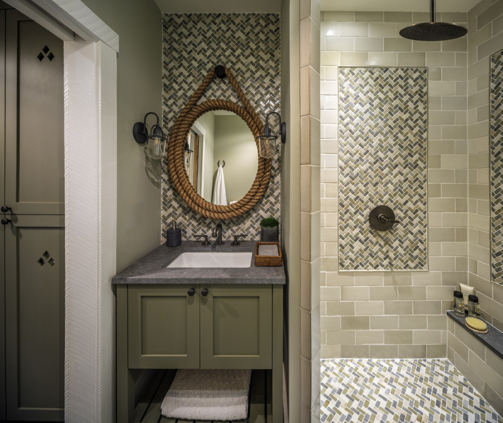 Corner shower - mid-sized country single-sink corner shower idea in Philadelphia with shaker cabinets, green cabinets, quartz countertops, a hinged shower door, gray countertops and a built-in vanity
