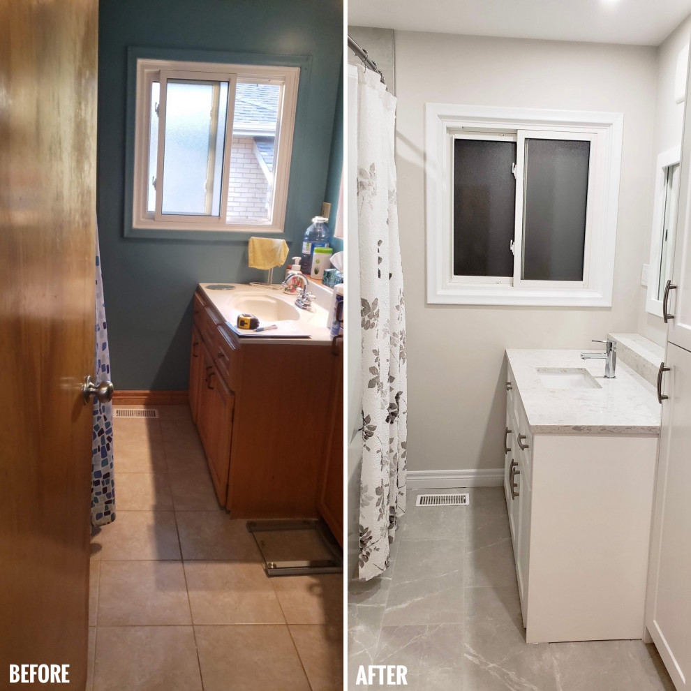 Inspiration for a small transitional 3/4 porcelain tile, gray floor and single-sink alcove bathtub remodel with shaker cabinets, white cabinets, a one-piece toilet, beige walls, an undermount sink, quartzite countertops, multicolored countertops and a freestanding vanity