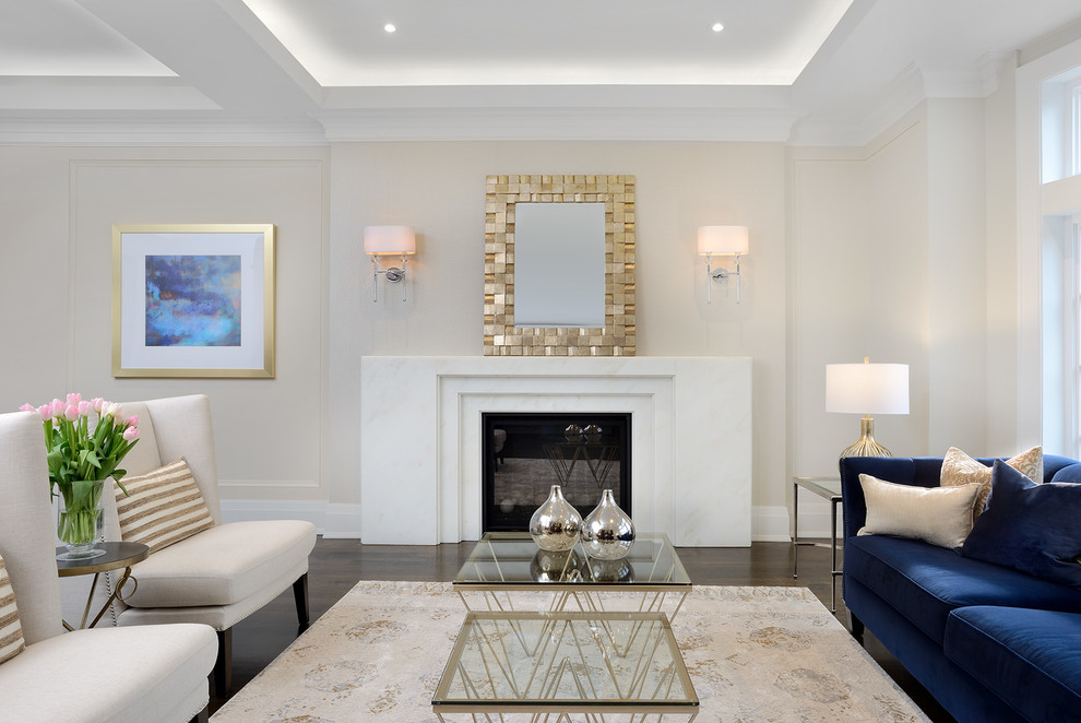 Inspiration for a large transitional formal open concept living room in Toronto with grey walls, dark hardwood floors, a standard fireplace, a stone fireplace surround, no tv and brown floor.