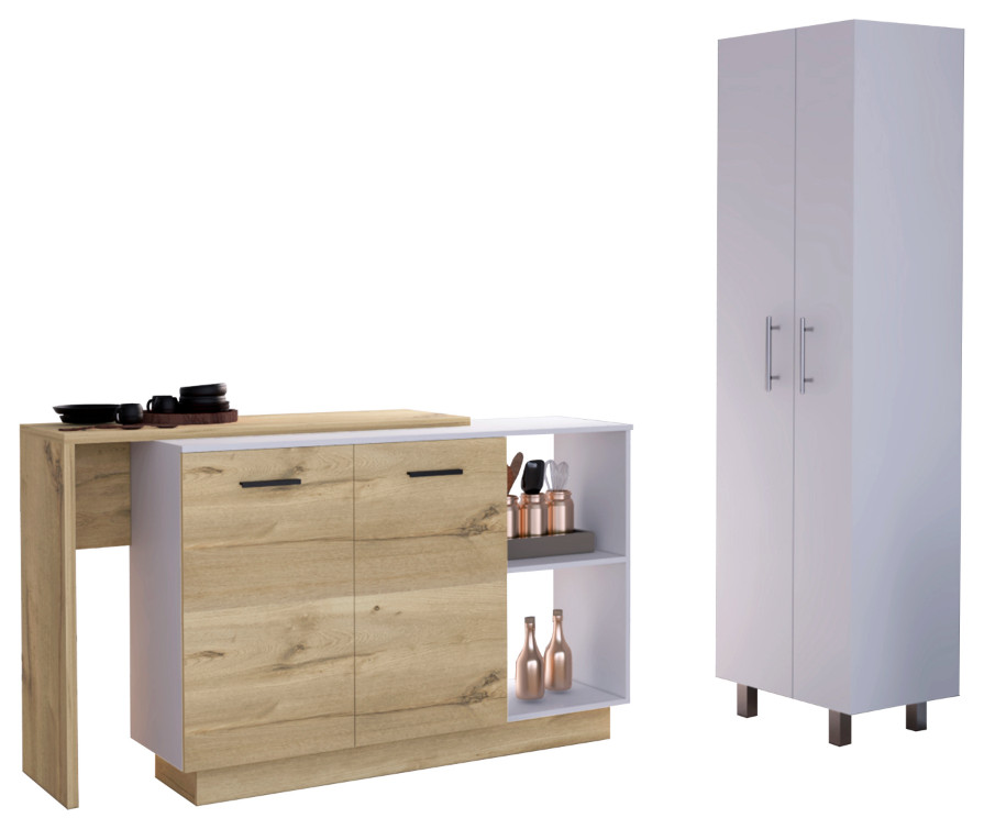 York 2Piece Kitchen Set, Kitchen Island & Pantry, White/Light Oak