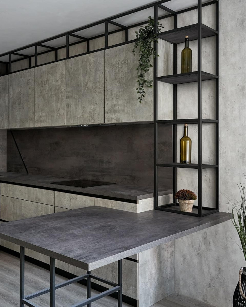 Mid-sized industrial u-shaped open plan kitchen in Moscow with a drop-in sink, recessed-panel cabinets, grey cabinets, wood benchtops, grey splashback, timber splashback, black appliances, medium hardwood floors, a peninsula, grey floor and grey benchtop.