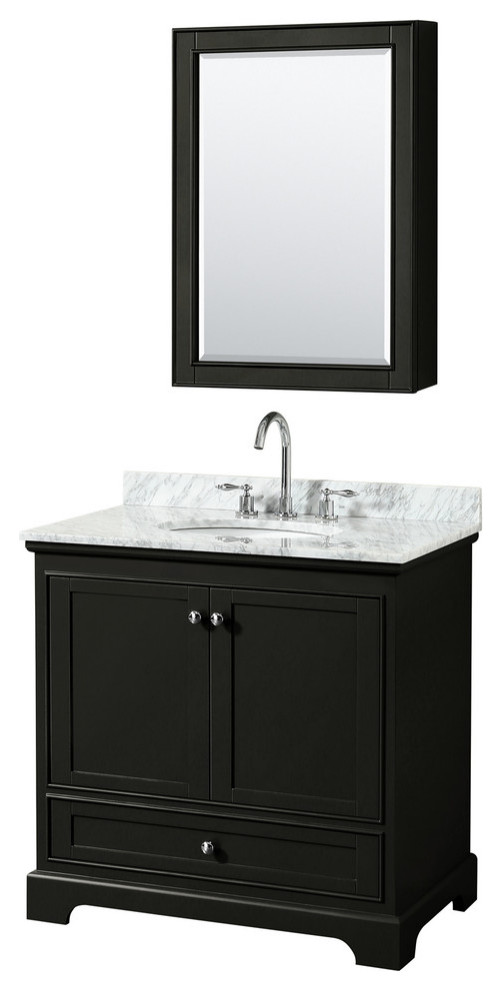 36"Single Vanity,Dark Espresso,White Marble Top,Oval Sink,Medicine Cabinet
