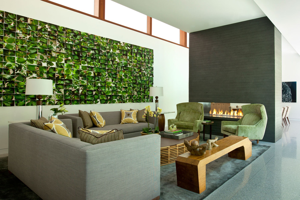Design ideas for a large contemporary living room in Chicago with white walls and a two-sided fireplace.