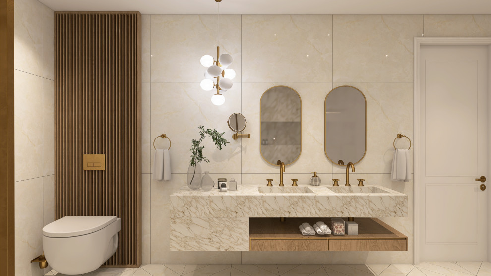 Design ideas for a large contemporary master bathroom in New York with flat-panel cabinets, medium wood cabinets, a freestanding tub, a double shower, a wall-mount toilet, beige tile, porcelain tile, beige walls, marble floors, an integrated sink, marble benchtops, beige floor, an open shower, beige benchtops, a niche, a double vanity and a floating vanity.