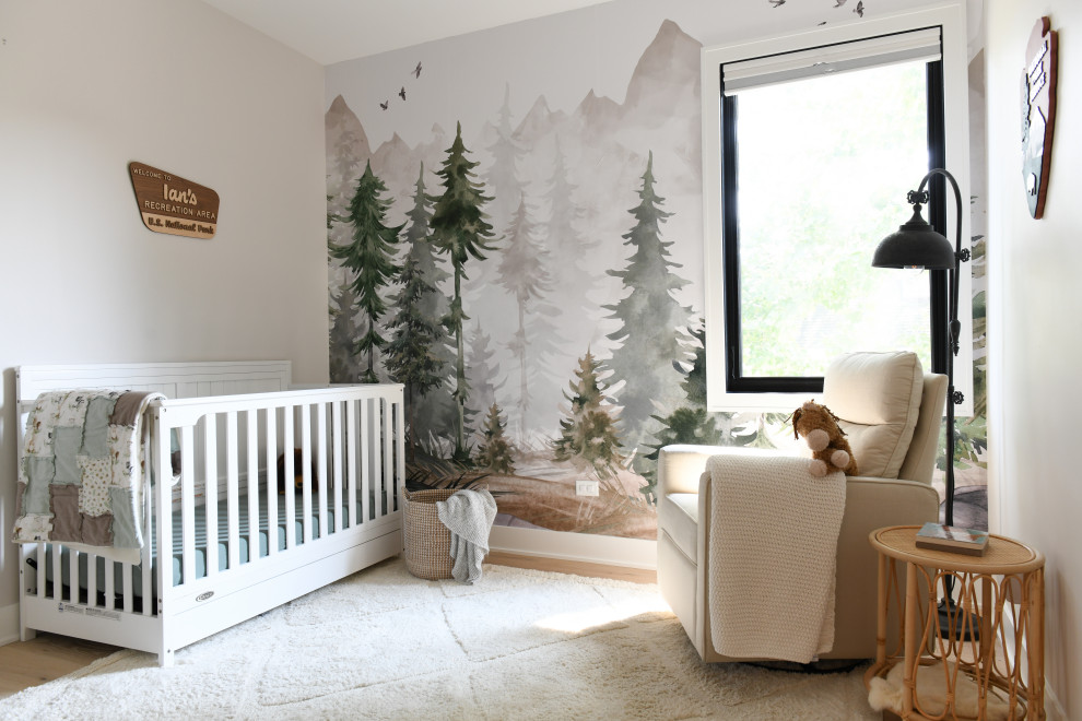 Rustic nursery in Chicago with green walls and wallpapered walls.