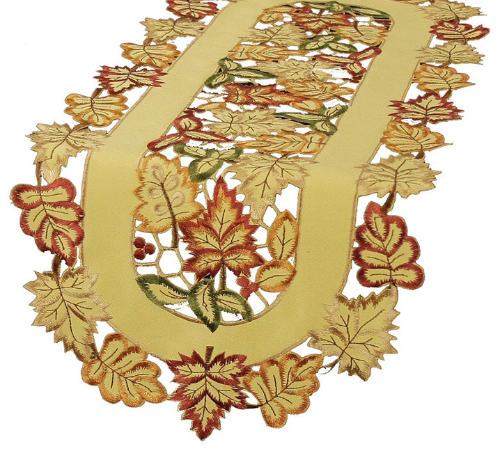 Bountiful Leaf Embroidered Cutwork Mini Fall Table Runner 12"x28", 15''x108'' - Contemporary ...