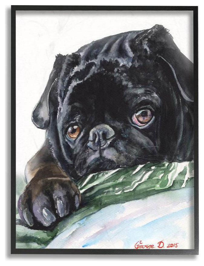 Black Pug Dog Pet Animal Watercolor Painting Framed Wall Art (30 in. W x 24 in.