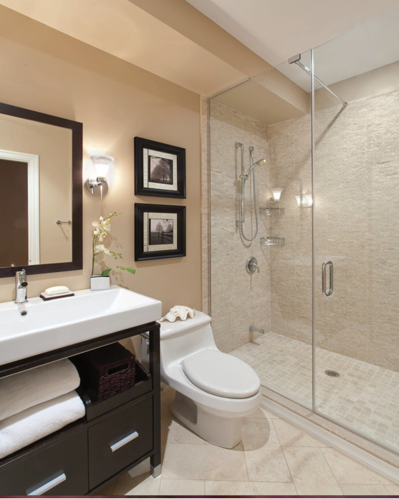 Design ideas for a small classic ensuite bathroom in Other with open cabinets, dark wood cabinets, an alcove shower, a two-piece toilet, porcelain flooring and a trough sink.