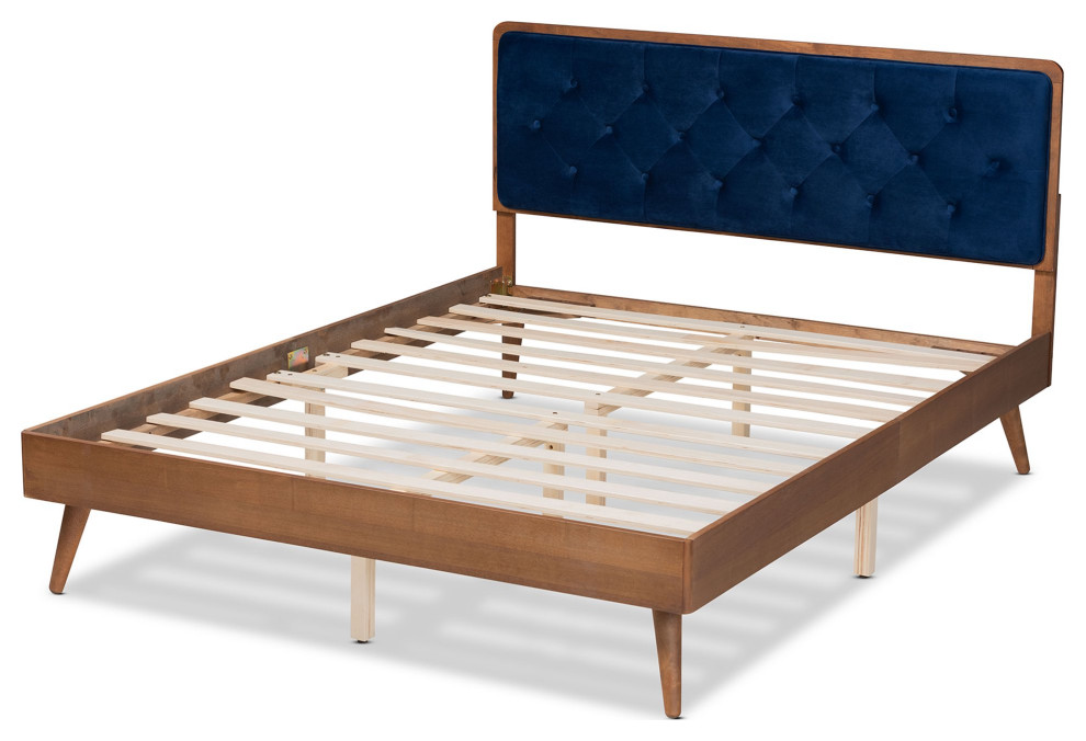 King Platform Bed, Angled Legs & Button Tufted Navy Blue Velvet Fabric