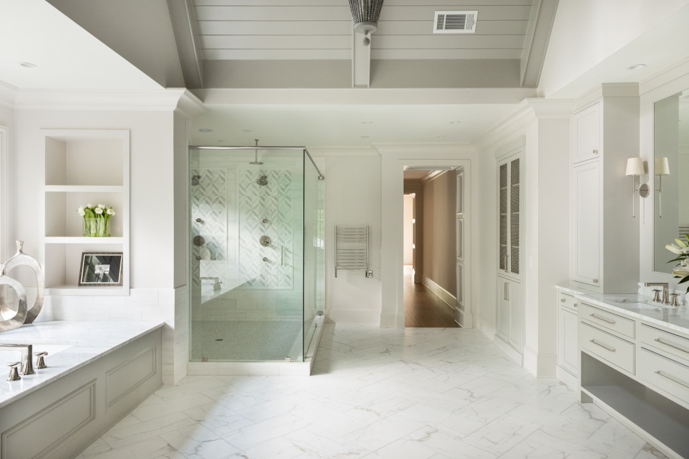 На фото: ванная комната в современном стиле с белой плиткой, мраморной столешницей, белым полом, белой столешницей, тумбой под две раковины и потолком из вагонки
