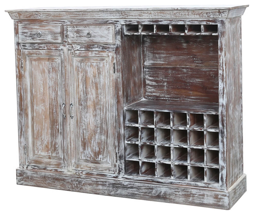 Winona Distressed Solid Wood 2 Drawer Rustic Bar Farmhouse Wine And Bar