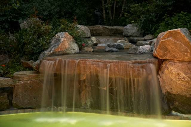 Hot tub - mid-sized transitional backyard stone and custom-shaped natural hot tub idea in Boston
